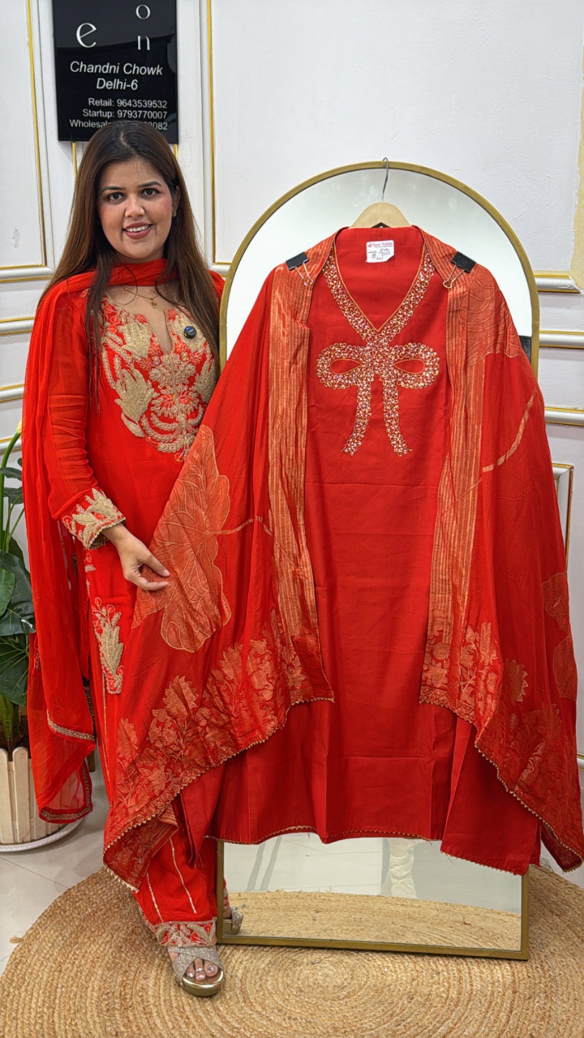 Heavy linen silk suit material with handwork neck along with cotton silk weaved dupatta GF499